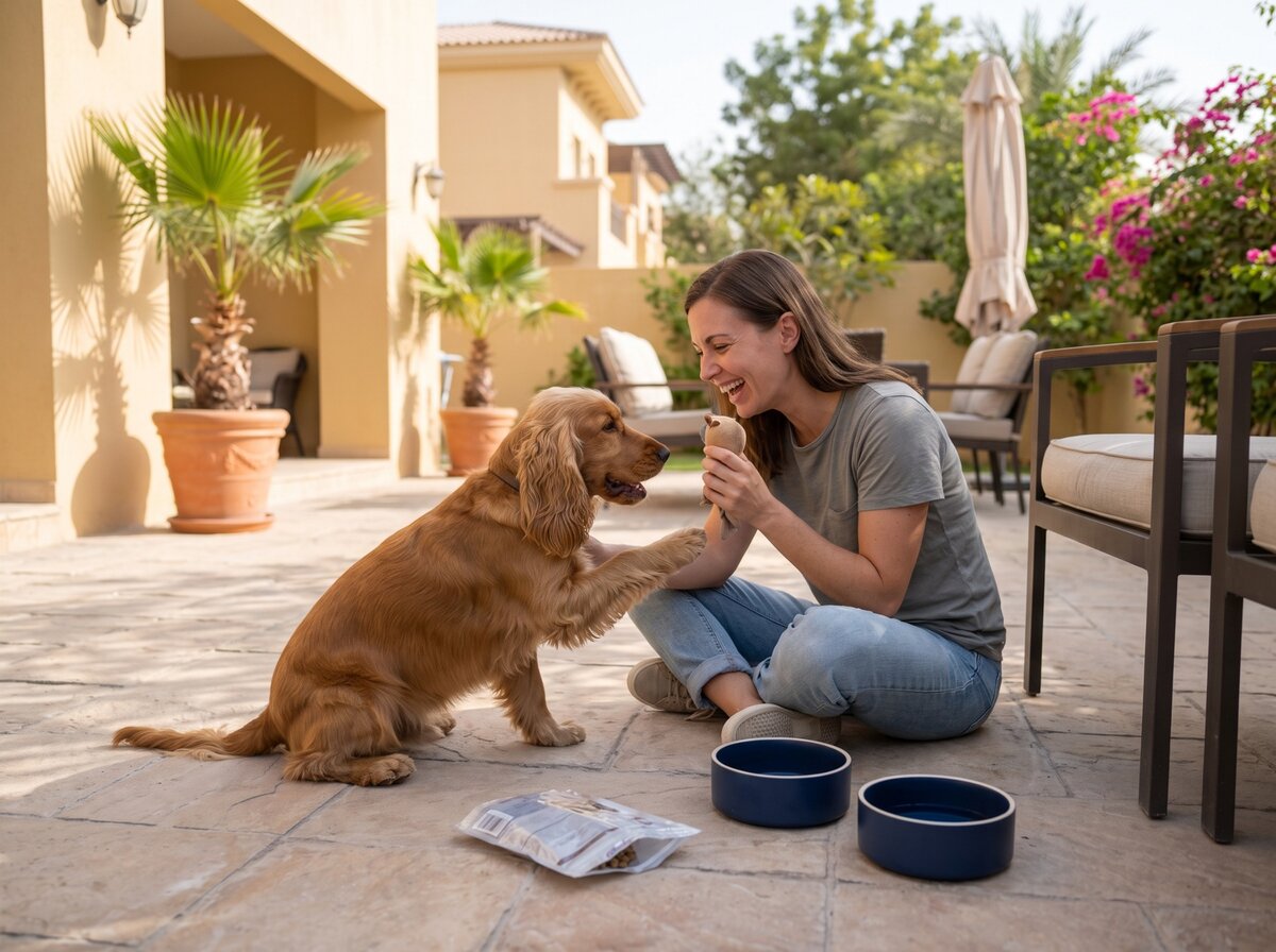 Pet parent feeding a dog on a Dubai villa patio