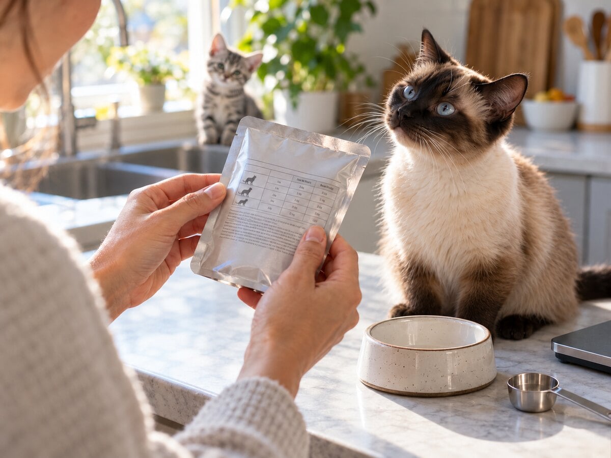 Pet parent checking a wet cat food feeding guide with a Siamese cat and silver tabby kitten nearby