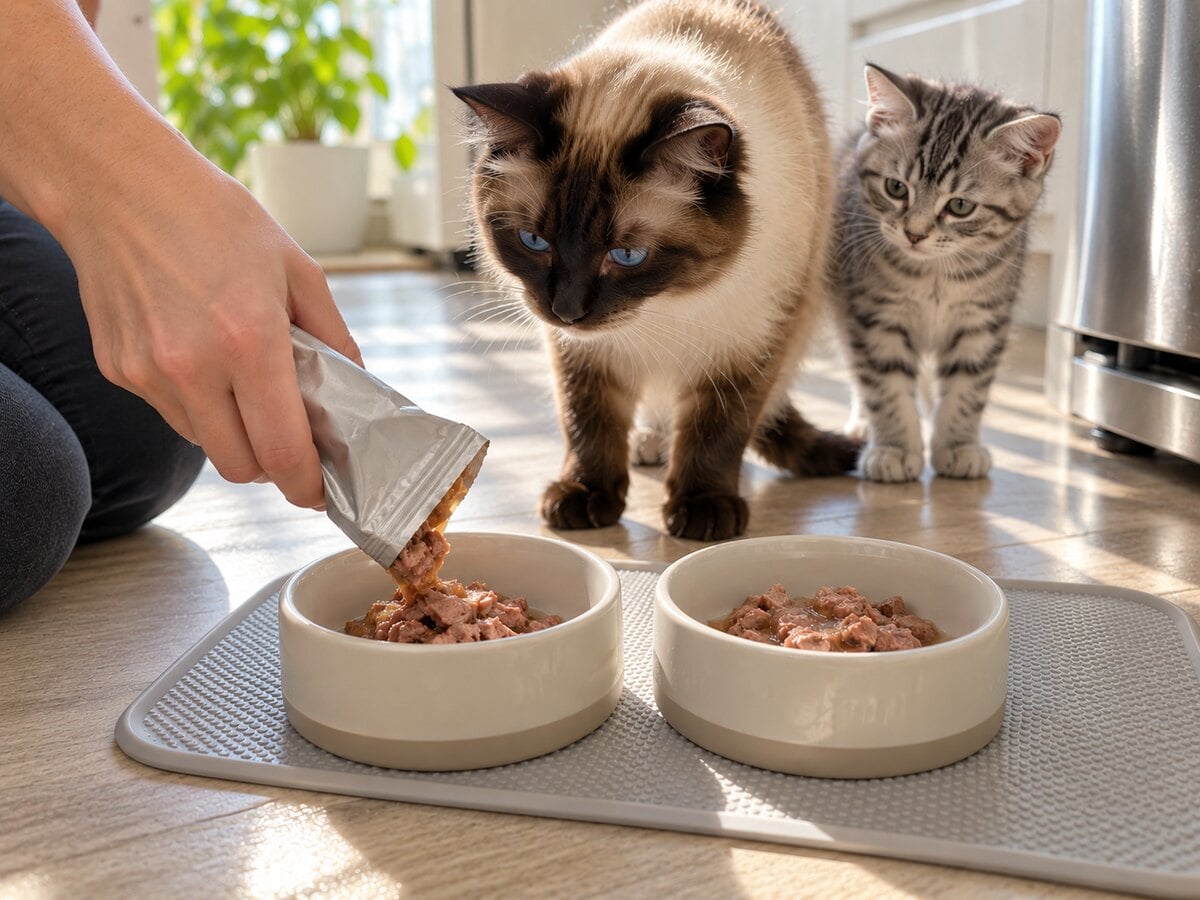 Siamese cat and silver tabby kitten watching measured wet cat food portions